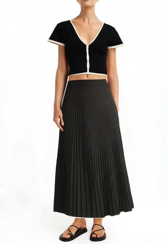 black-all-match-short-sleeved-ribbed-knit-pleated-skirt-suit