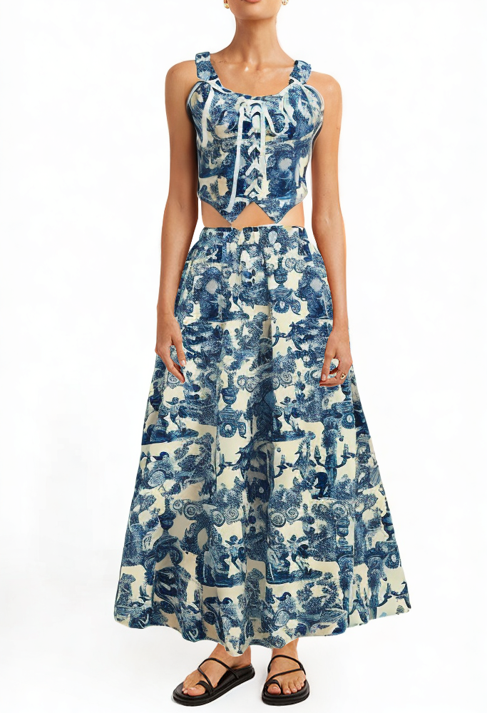 floral-print-lace-up-wide-strap-pleated-a-line-maxi-dress-set