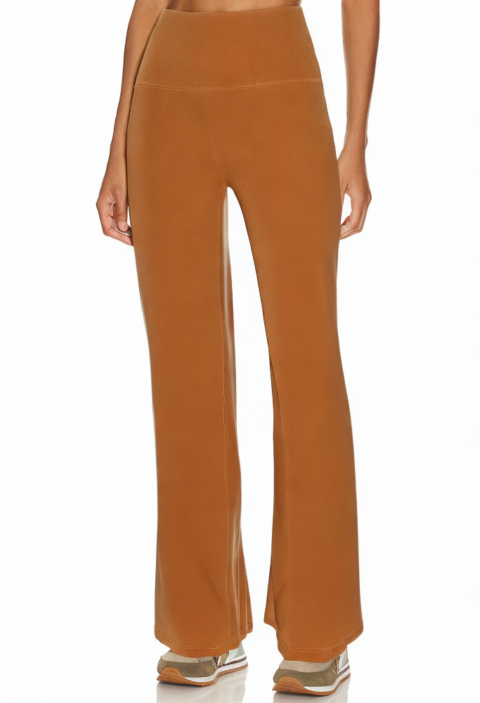 brown-simple-high-waist-stretch-flared-trousers